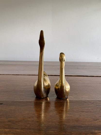 Set of Two Brass Swans with Black Base Detailing - Pair of Brass Birds