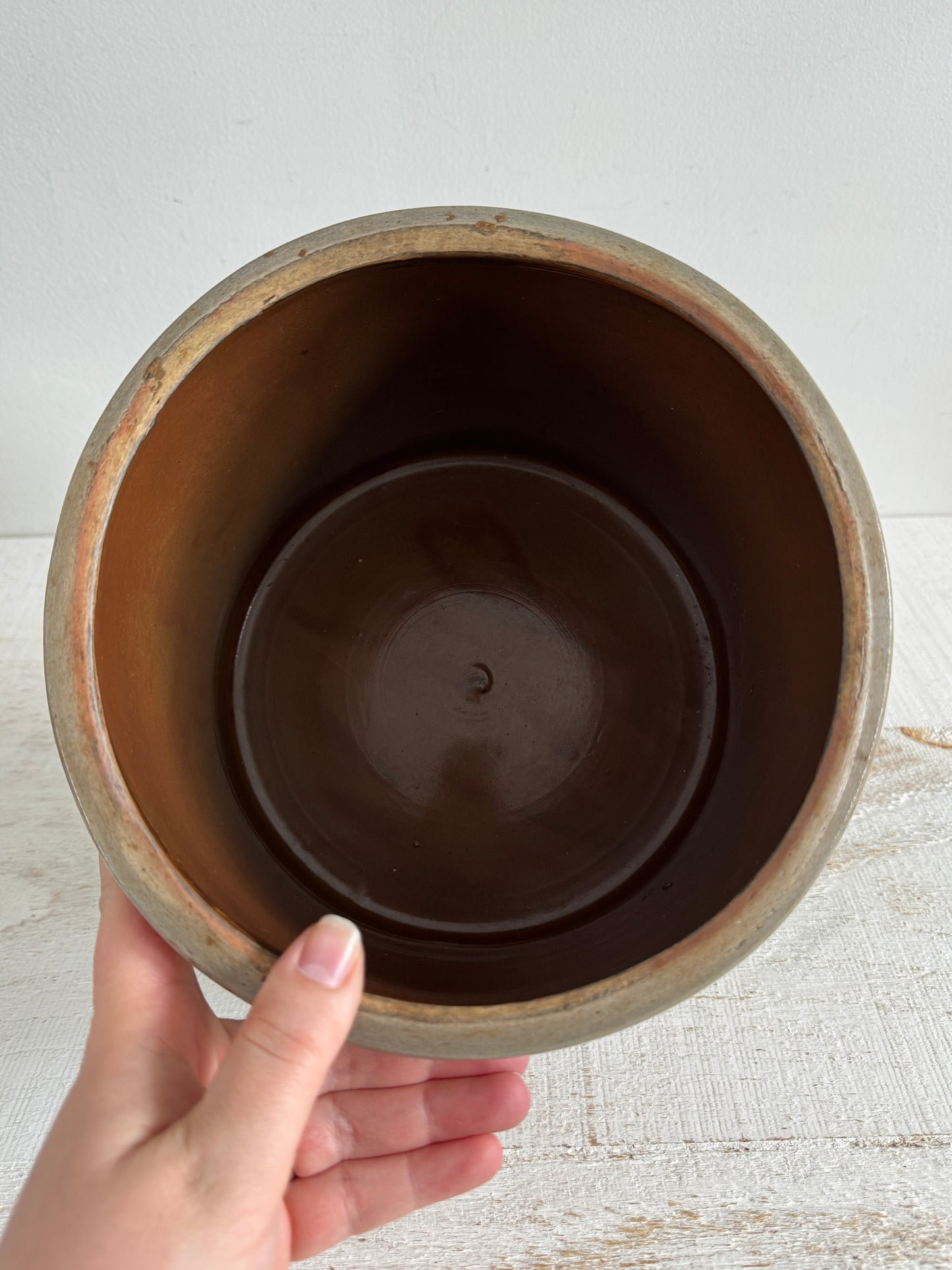 Vintage Grey/Tan Pottery Crock with Large Opening