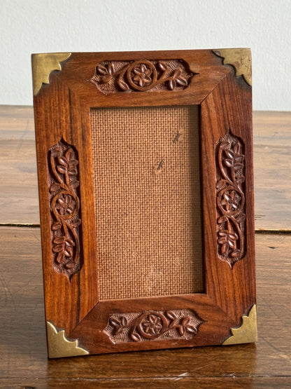 Wood Etched Frame with Floral Carvings and Brass Accents - Made in India