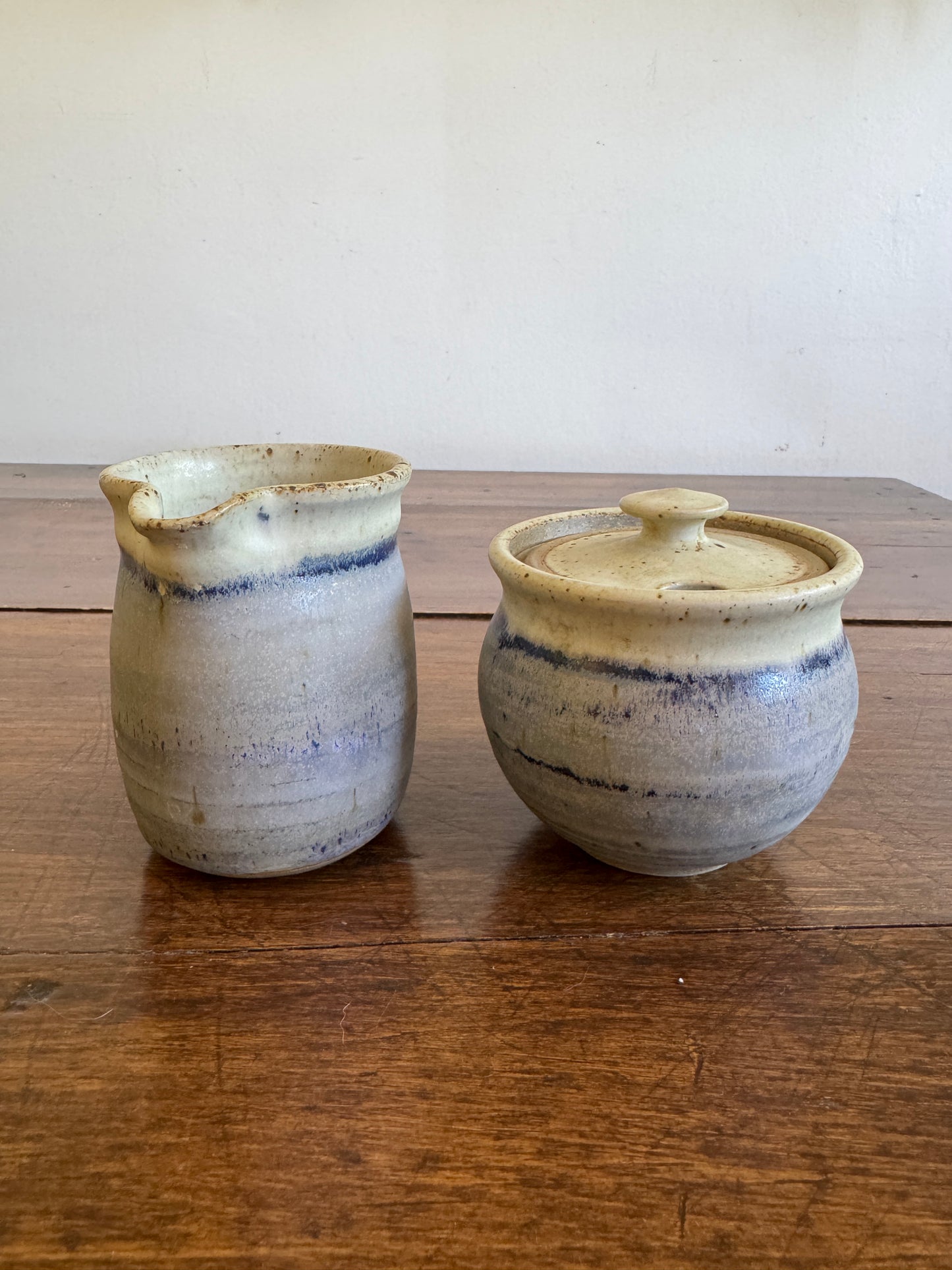 Vintage Pottery Cream and Sugar Dishes with Cream and Blue Colouring