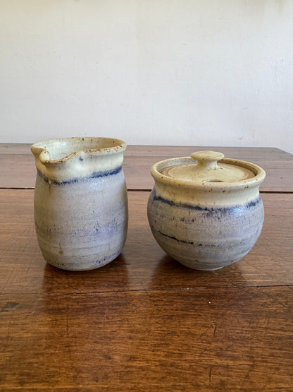 Vintage Pottery Cream and Sugar Dishes with Cream and Blue Colouring