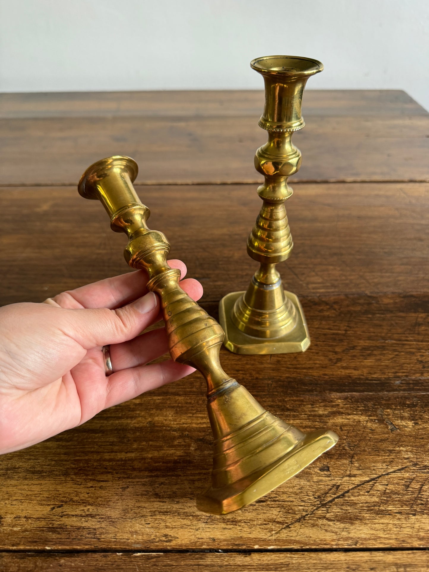 Vintage English Brass Candleholders Mixed Pair