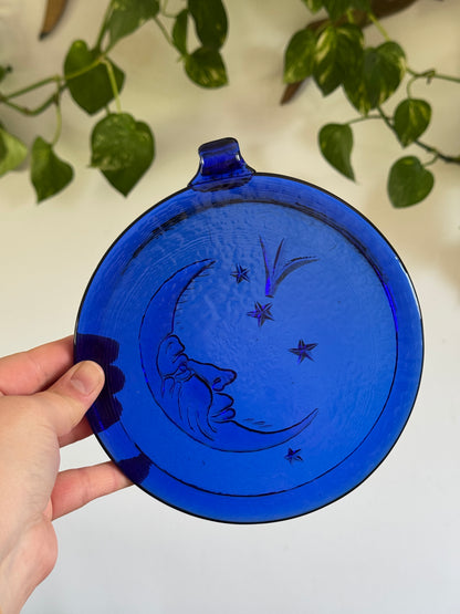Vintage Cobalt Blue Glass Sun Catch with Man in the Moon Face and Stars