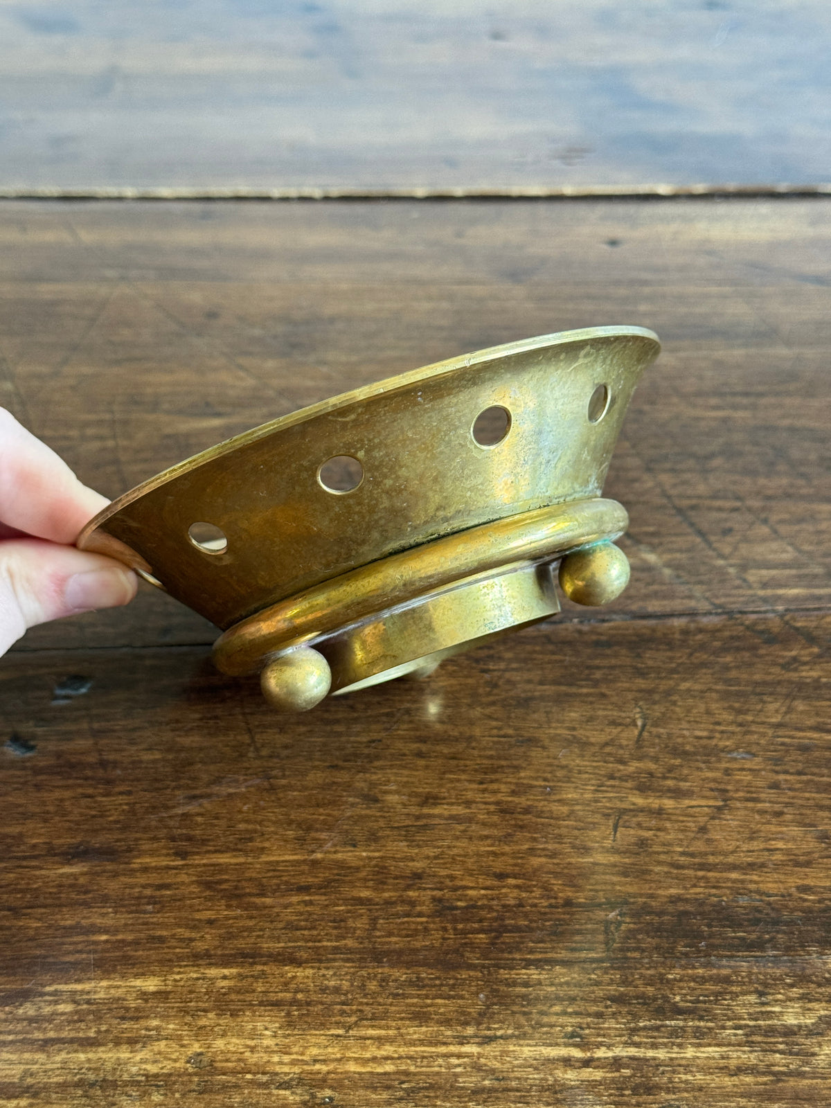 Vintage Brass Trinket Dish with Ring Base and Cutout Side Hole Design