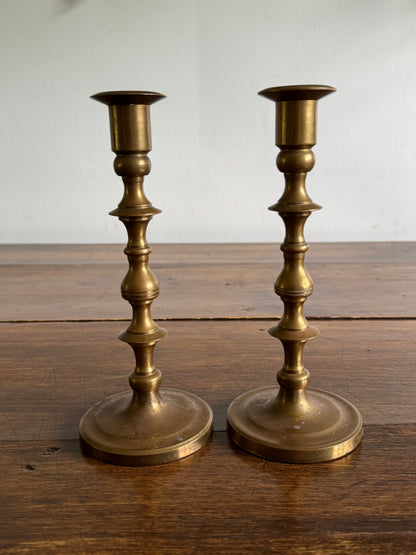 Vintage Heavy Brass Candleholder Pair with Rounded Bases