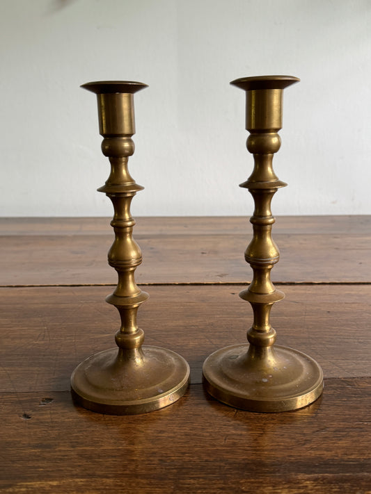 Vintage Heavy Brass Candleholder Pair with Rounded Bases