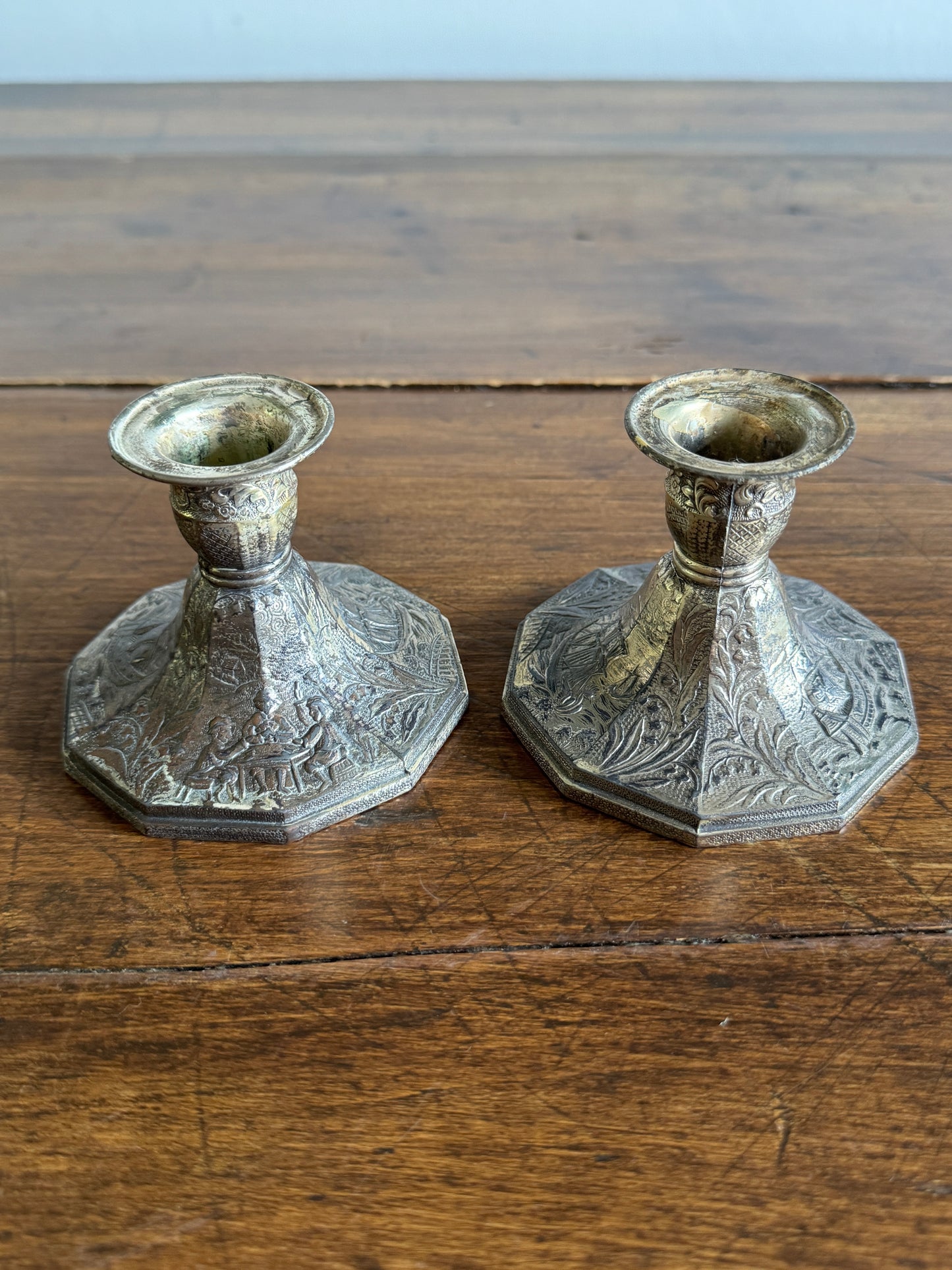 Pair of Etched Silver-Tone Repousse Candle Holders