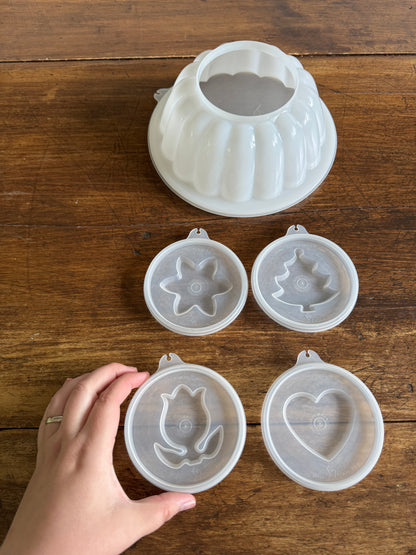 Vintage White Plastic Tupperware Jello Dome Mold with Toppers
