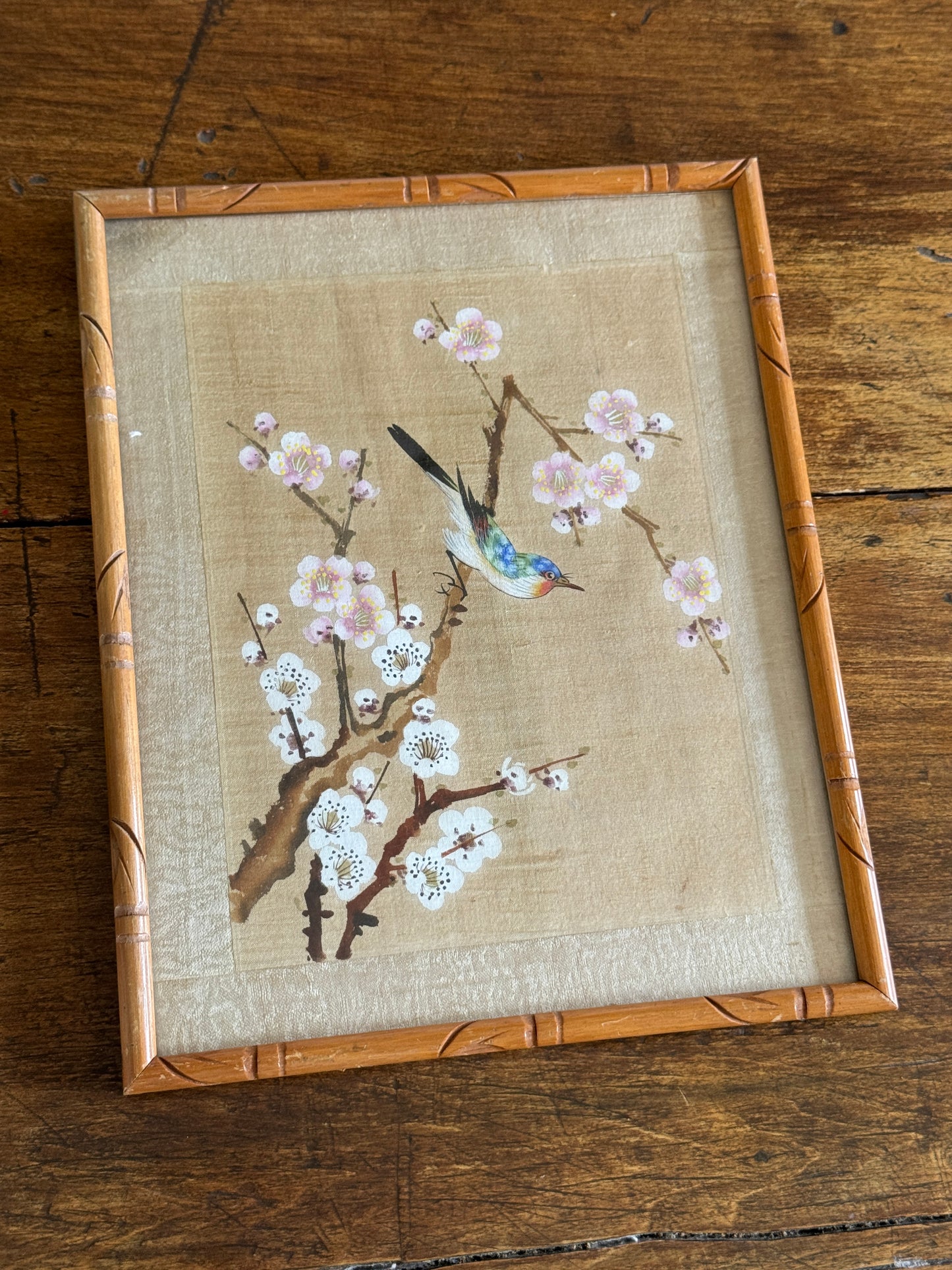 Vintage Bird Painting on Fabric Artwork in Simplistic Wooden Frame
