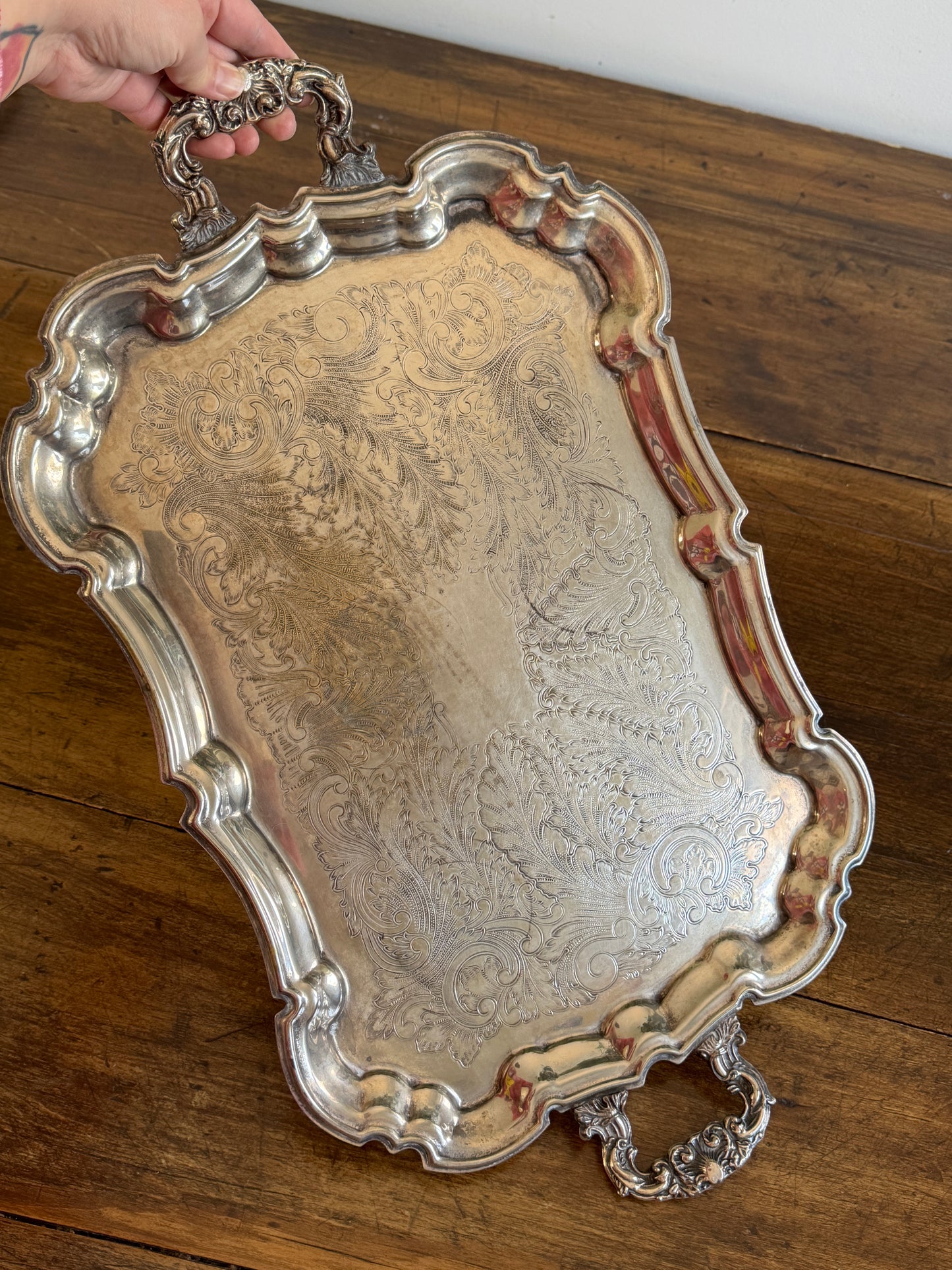 Vintage Large Leonard Silver Plated Over Brass Ornate Serving Platter with Raised Feet and Etched Detailing - Silver Plated Butler Tray