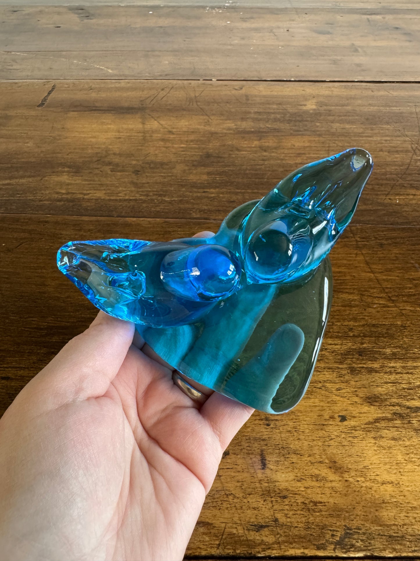 Vintage Glass Blue Birds of Happiness on Heart - Signed Paperweight