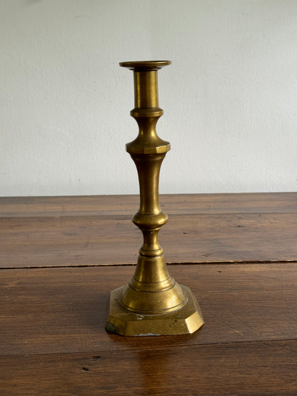 Single Large Brass Candlestick with Squared Base and Simple Fluted Post Detailing