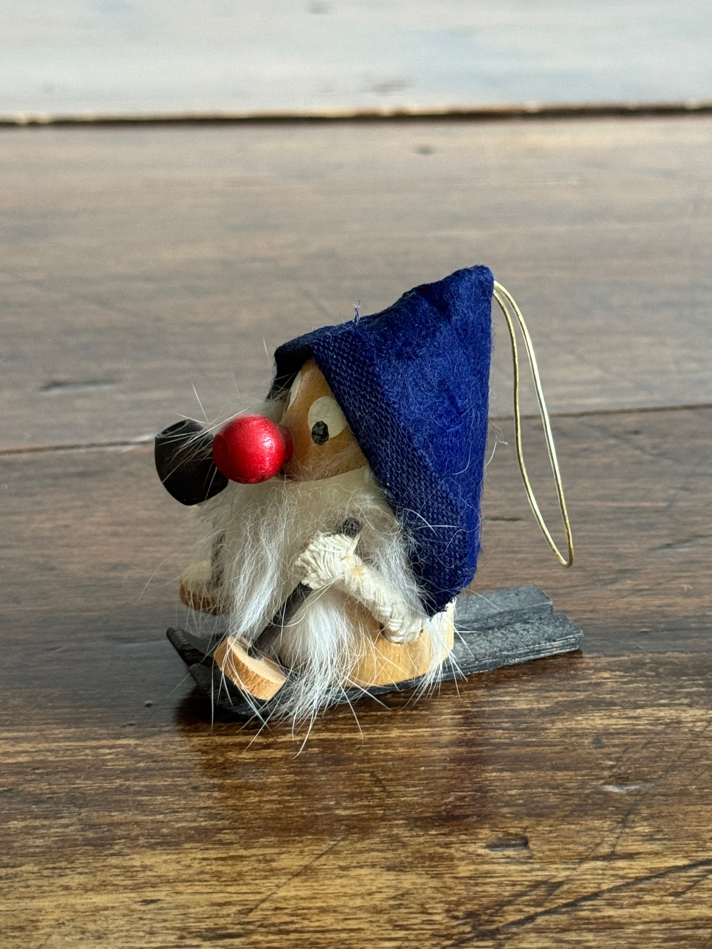 Skier Mini Wood Figurine with Bright Red Nose and Blue Hat
