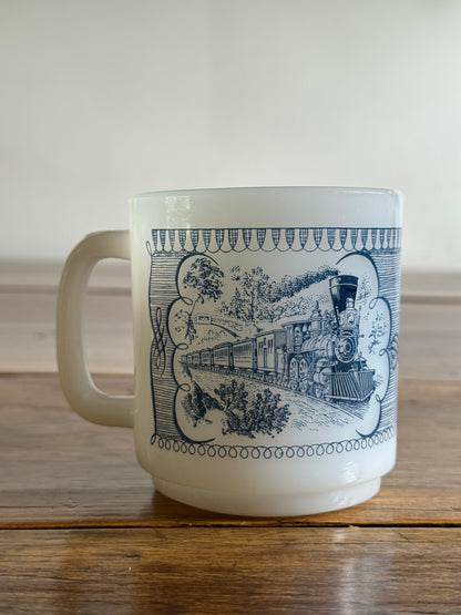Vintage White Milk Glass Mug with Blue Vintage Train Design