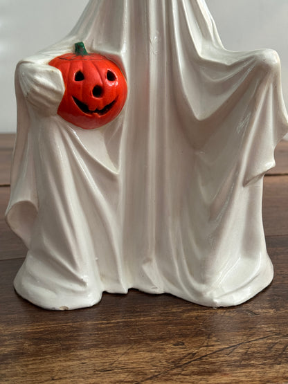 Vintage Ceramic Ghost Holding Pumpkin Figure