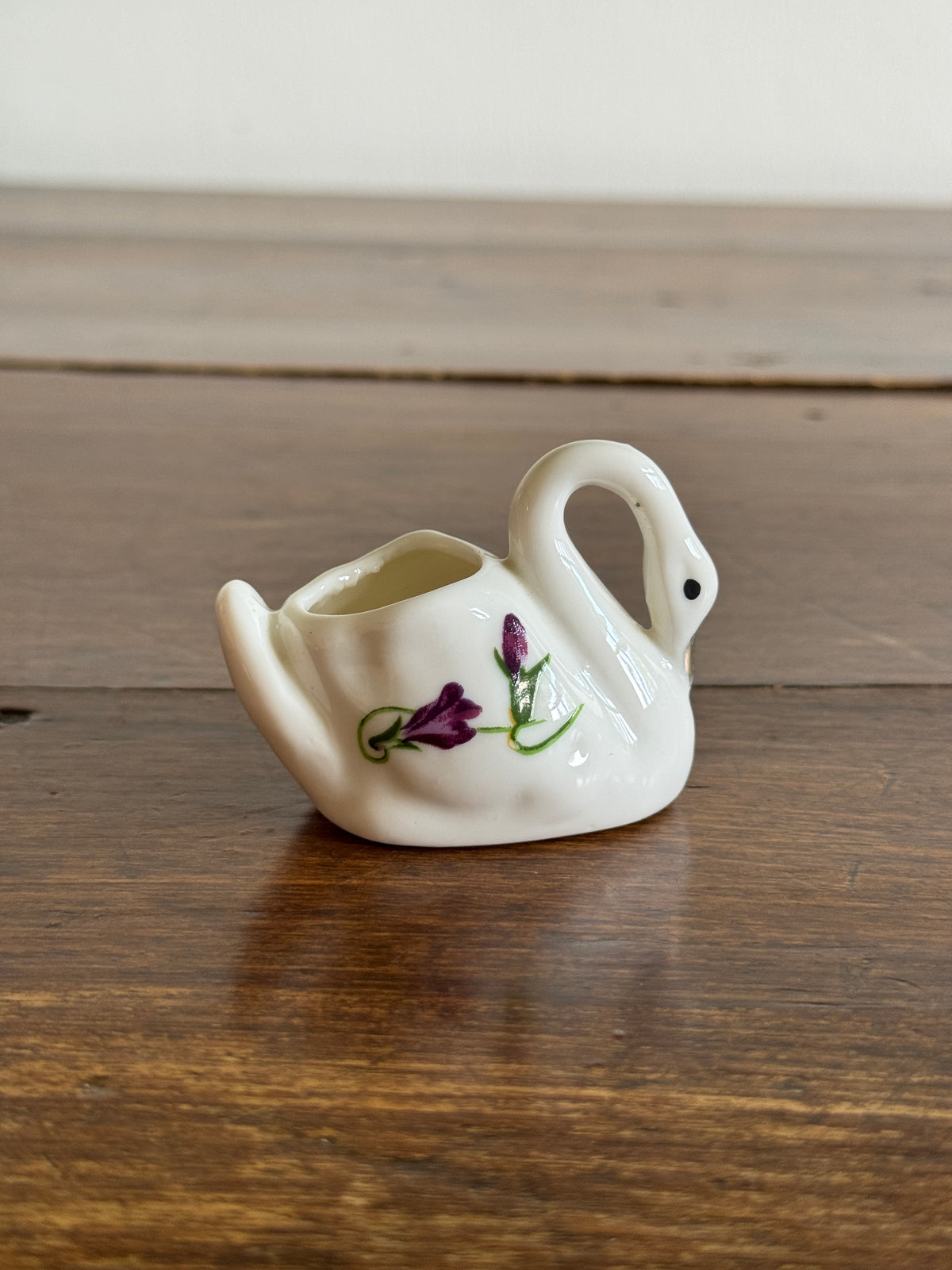 Vintage Ceramic Bird with Purple Flower Detailing - Swan Miniature Holder