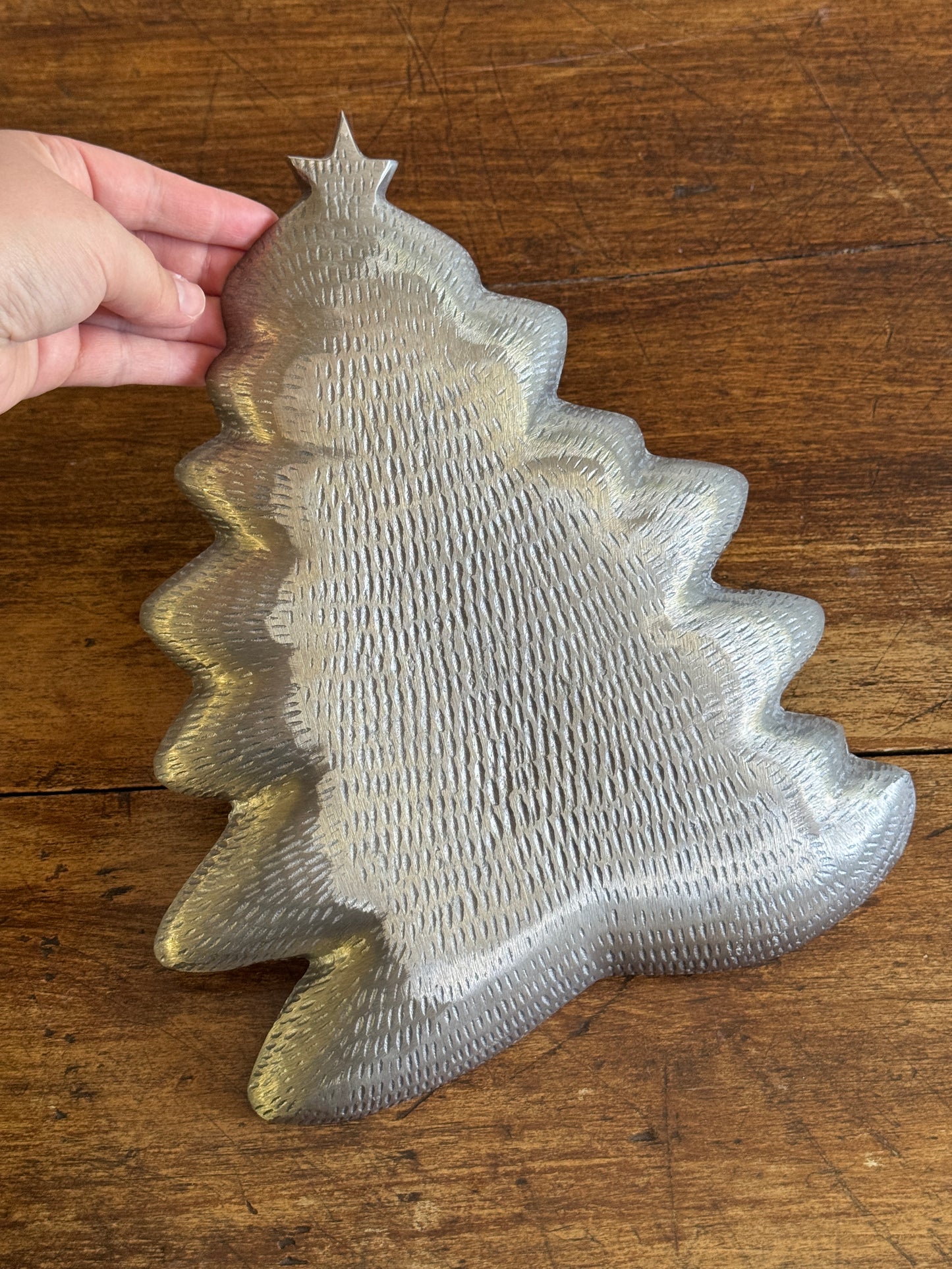 Silver-Tone Metal Christmas Tree Tray with Embossed Detailing