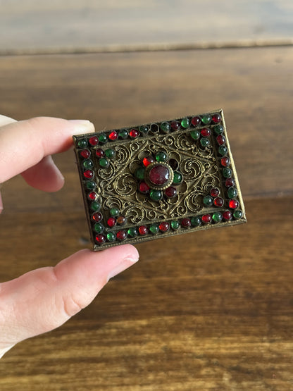 Small Decorative Metal Filigree and Glass Beaded Match Box Cover/Holder