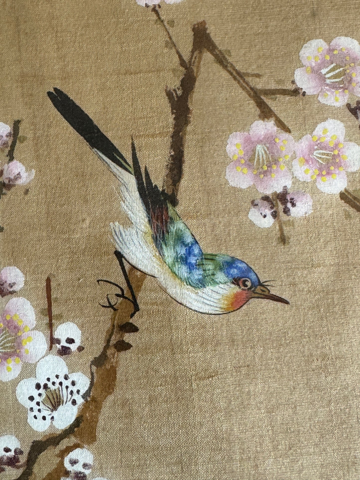 Vintage Bird Painting on Fabric Artwork in Simplistic Wooden Frame
