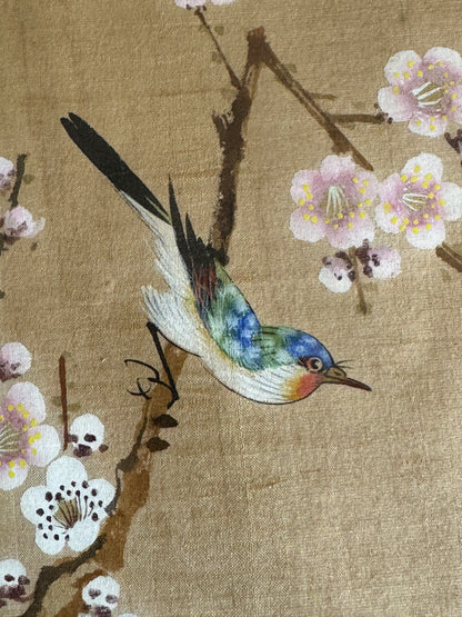Vintage Bird Painting on Fabric Artwork in Simplistic Wooden Frame