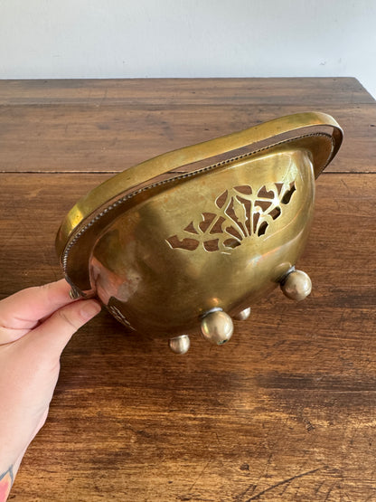 Vintage Cutout Brass Bowl with Handle and Small Ball Feet