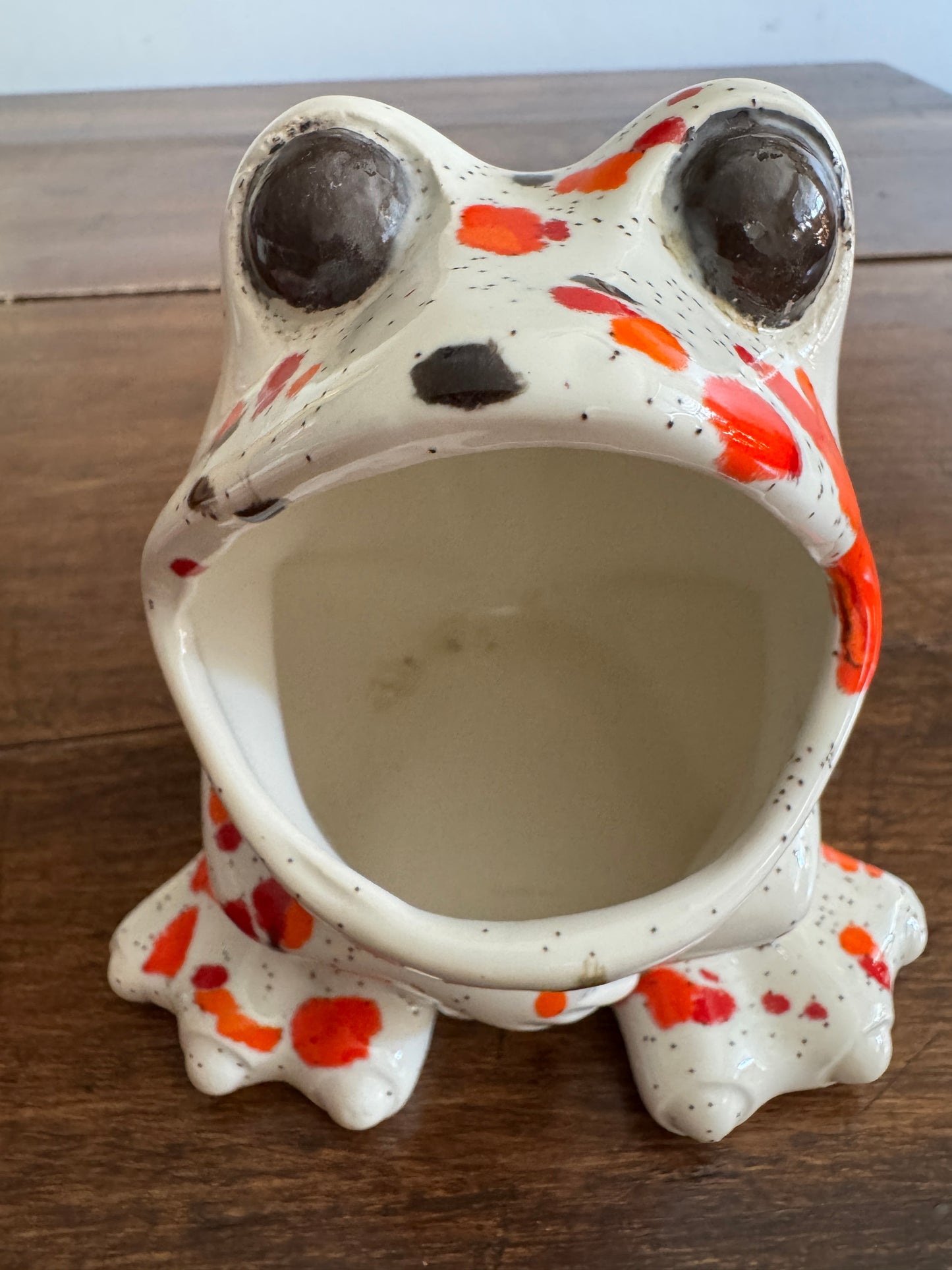 Vintage Ceramic Soap Holder Open Mouth Frog with Colourful Splatter Paint Design
