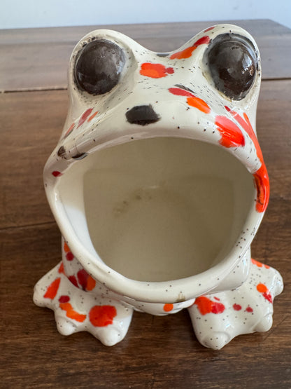 Vintage Ceramic Soap Holder Open Mouth Frog with Colourful Splatter Paint Design
