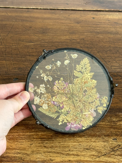 Vintage Pressed Flower Glass Trivet with Metal Edge and Feet