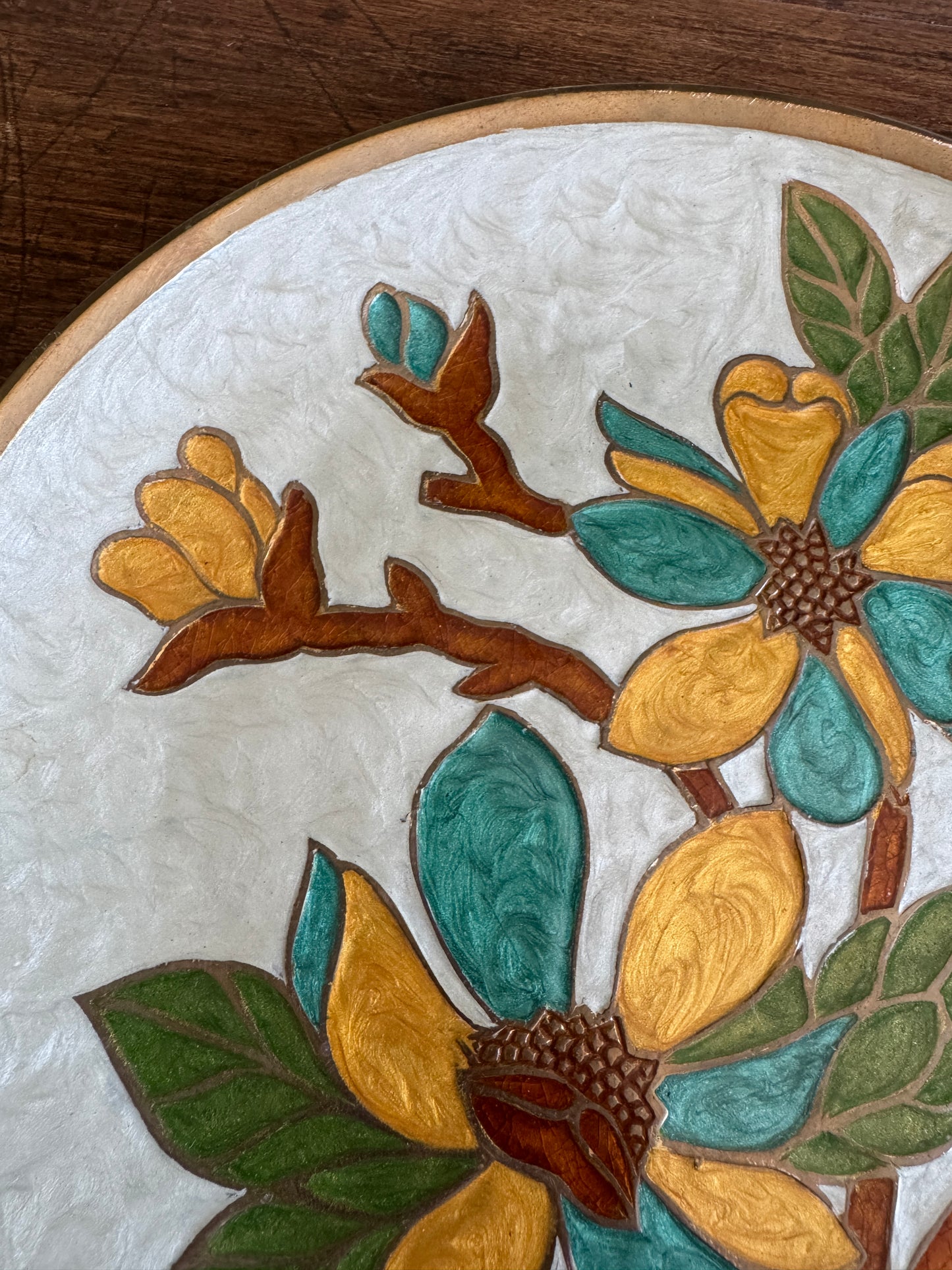 Heavy Enamel Brass Wall Plate with Flower and Leaf Design