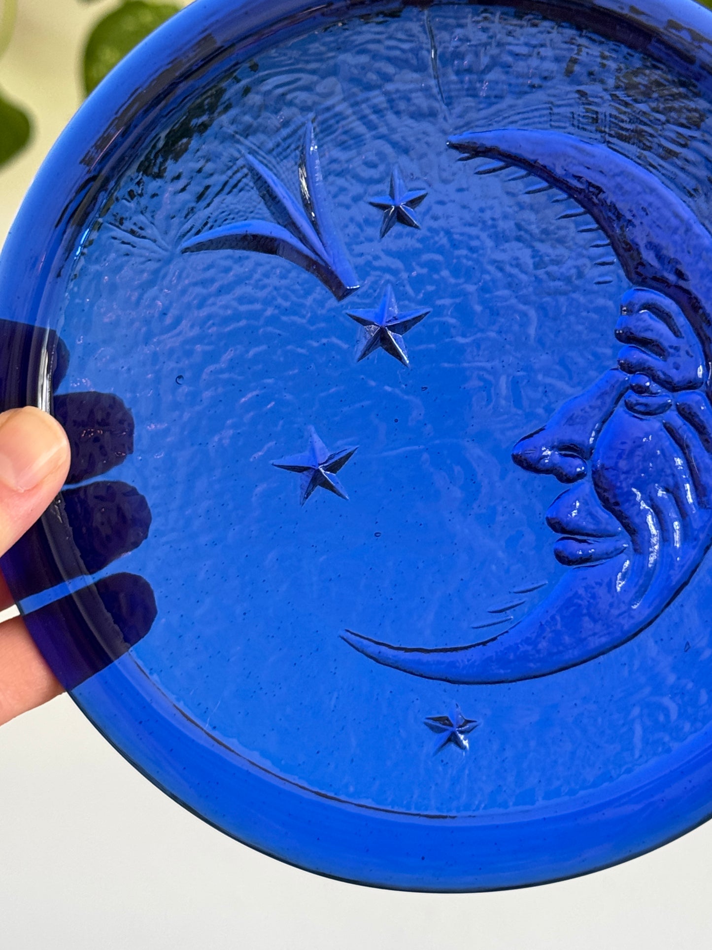Vintage Cobalt Blue Glass Sun Catch with Man in the Moon Face and Stars