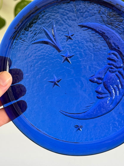 Vintage Cobalt Blue Glass Sun Catch with Man in the Moon Face and Stars
