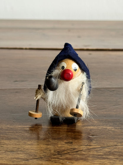 Skier Mini Wood Figurine with Bright Red Nose and Blue Hat