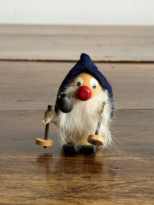 Skier Mini Wood Figurine with Bright Red Nose and Blue Hat