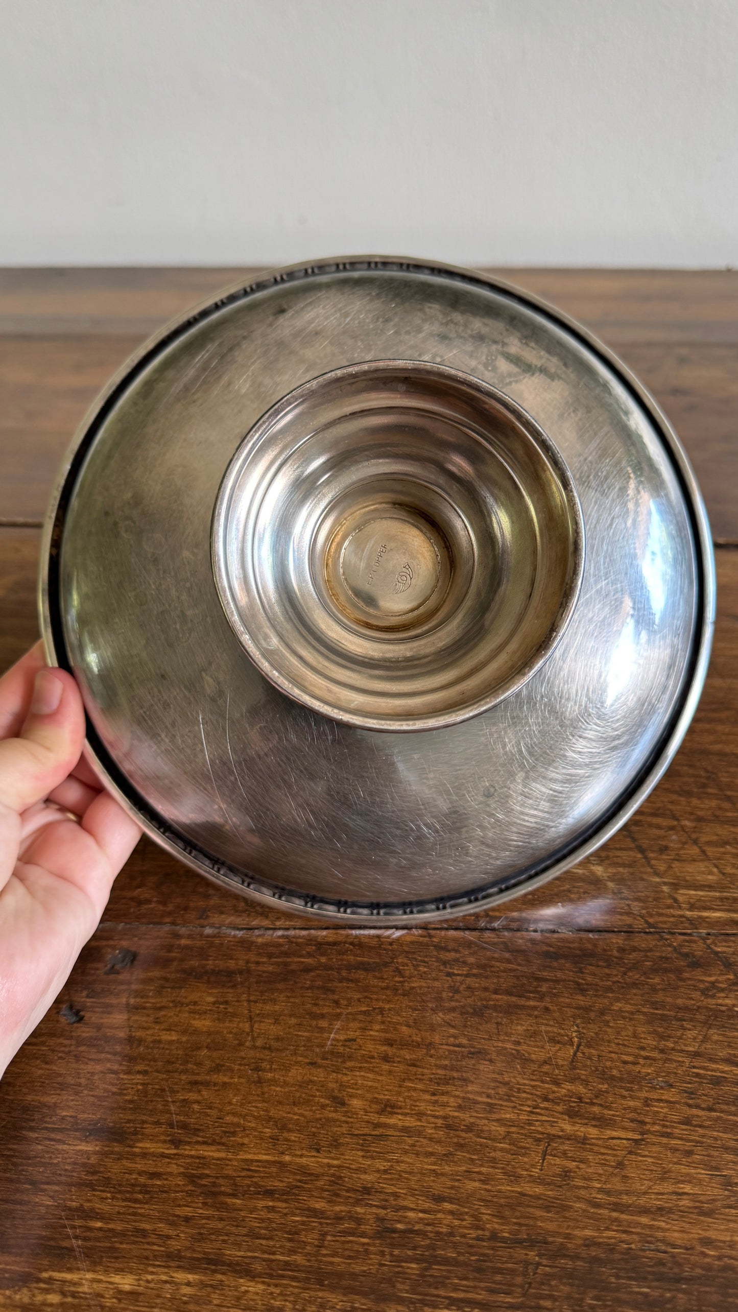 Raised Silver Plated Over Copper Bowl with Etched Detailing