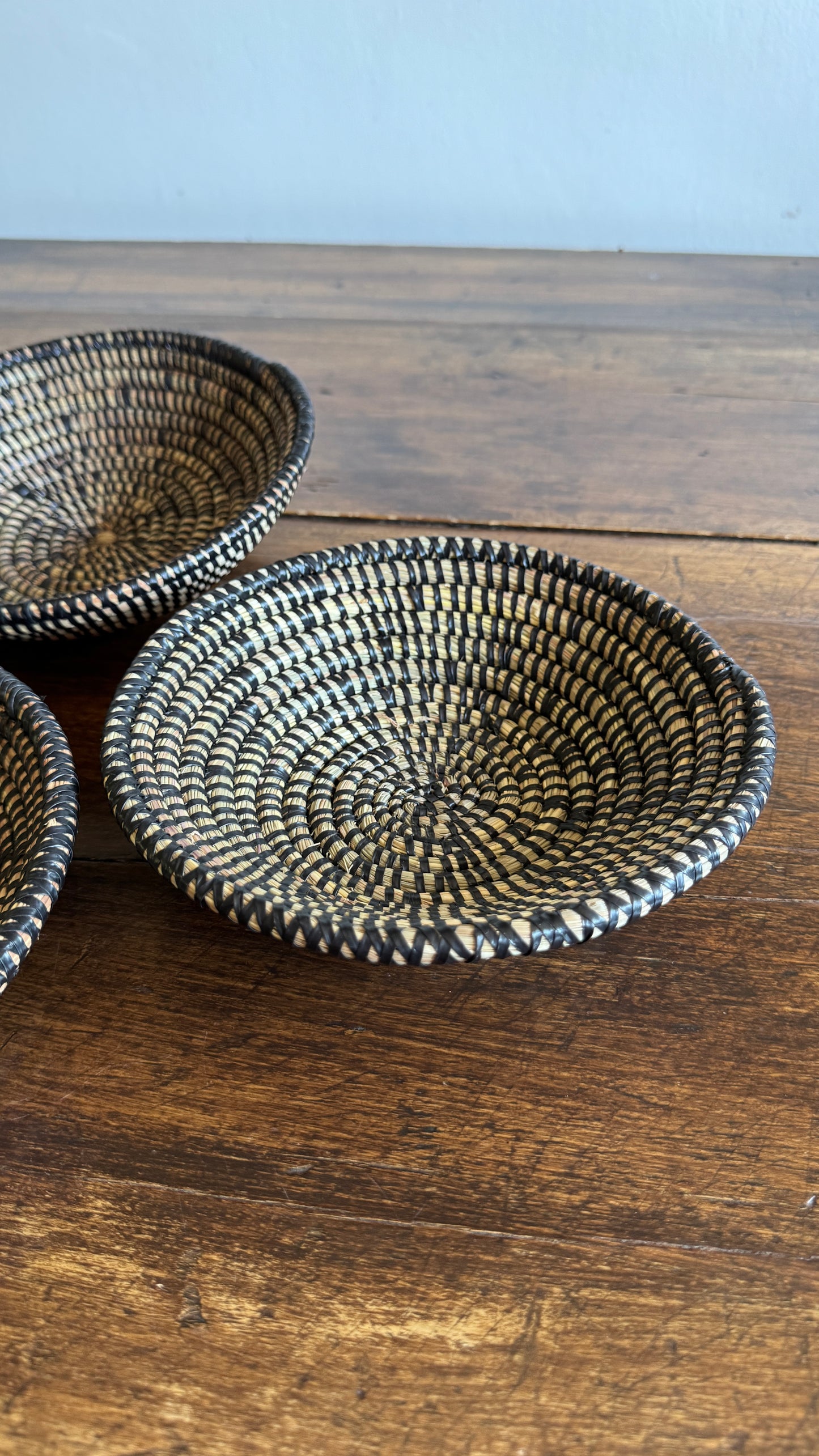 Set of Three Woven Sweet Grass Baskets with Black Accents