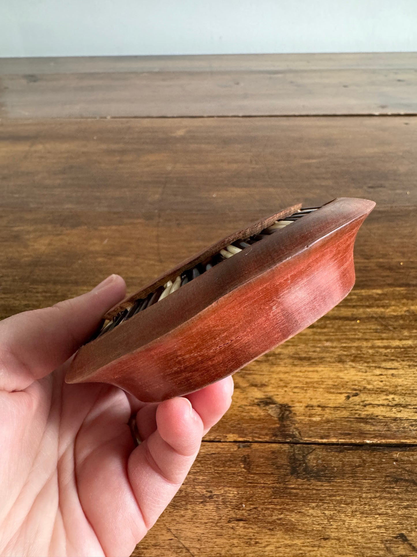 Vintage Wood Inlay Ashtray with Decorative African Porcupine Quill and Bone Design
