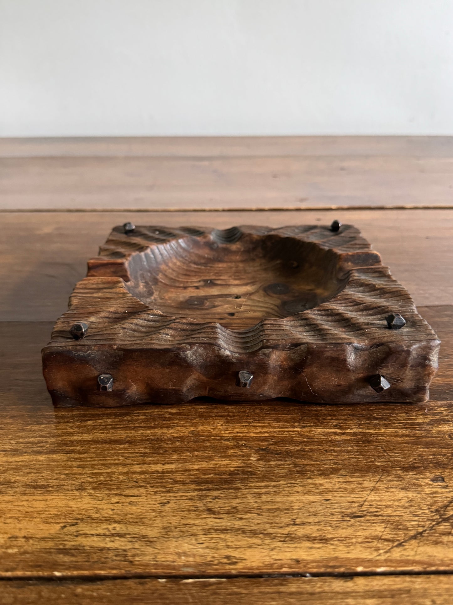 Rustic Wood Ashtray or Catchall Bowl with Metal Nail Accents
