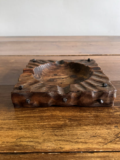 Rustic Wood Ashtray or Catchall Bowl with Metal Nail Accents