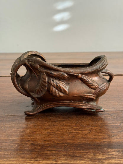 Vintage Art Nouveau Style Ornate Copper-Tone Trinket Dish With Leaf Design