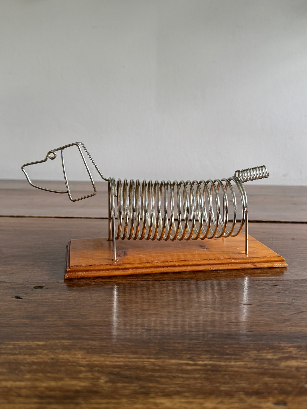 Vintage Dog Shaped Coil Letter Holder - Silver-Tone Metal on Wood Base