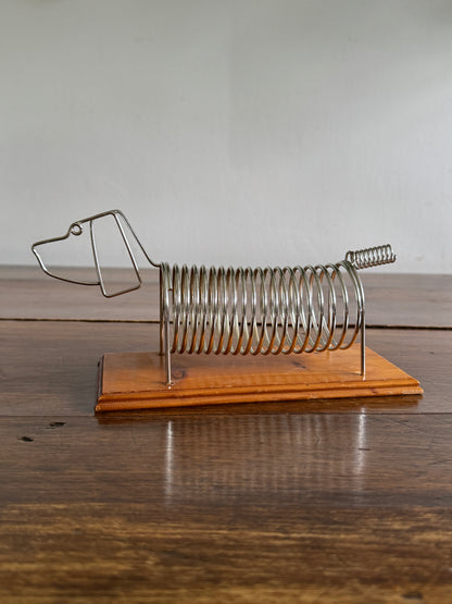 Vintage Dog Shaped Coil Letter Holder - Silver-Tone Metal on Wood Base