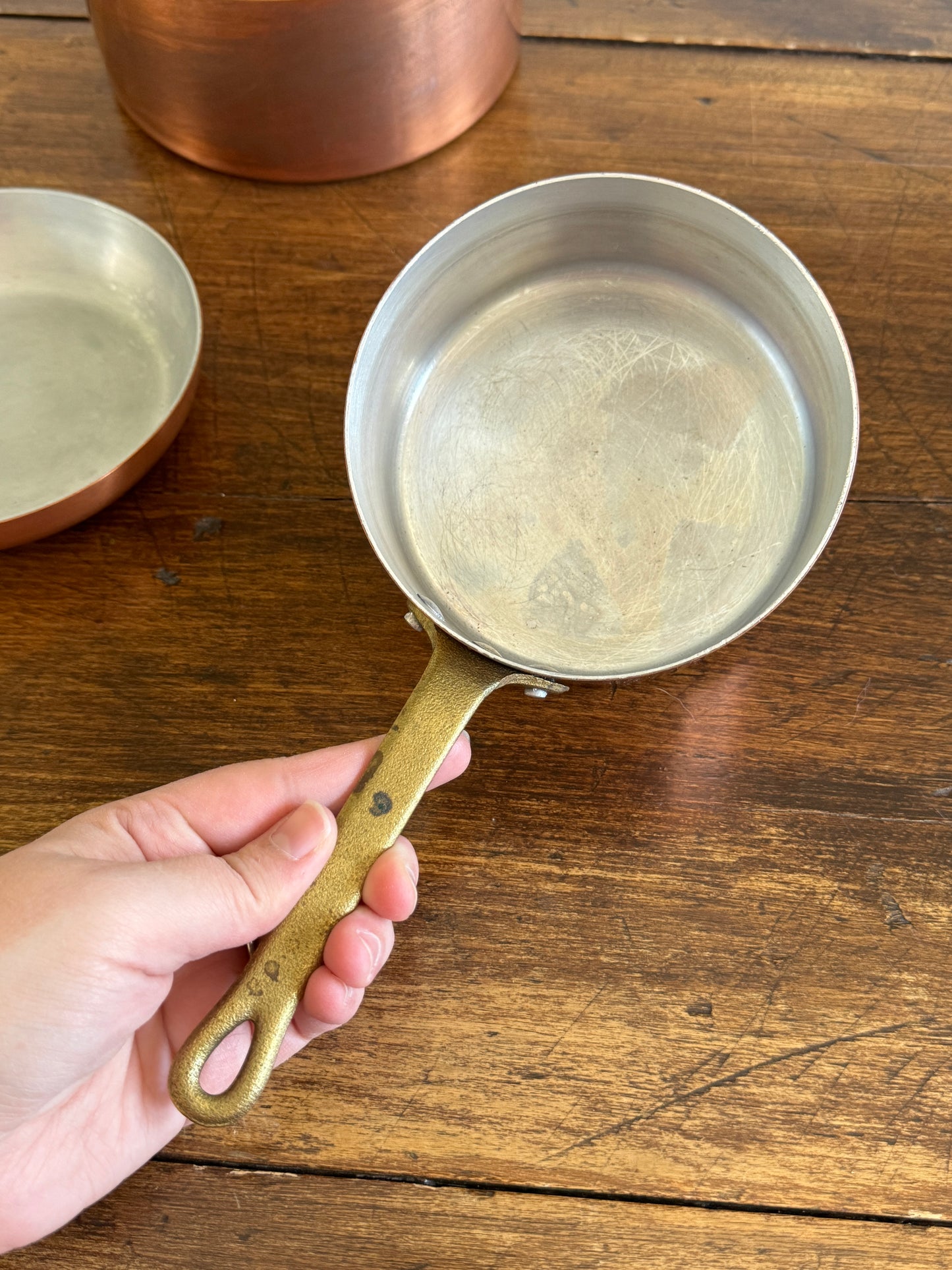 Vintage Three Piece Copper and Brass Pots and Pan Set