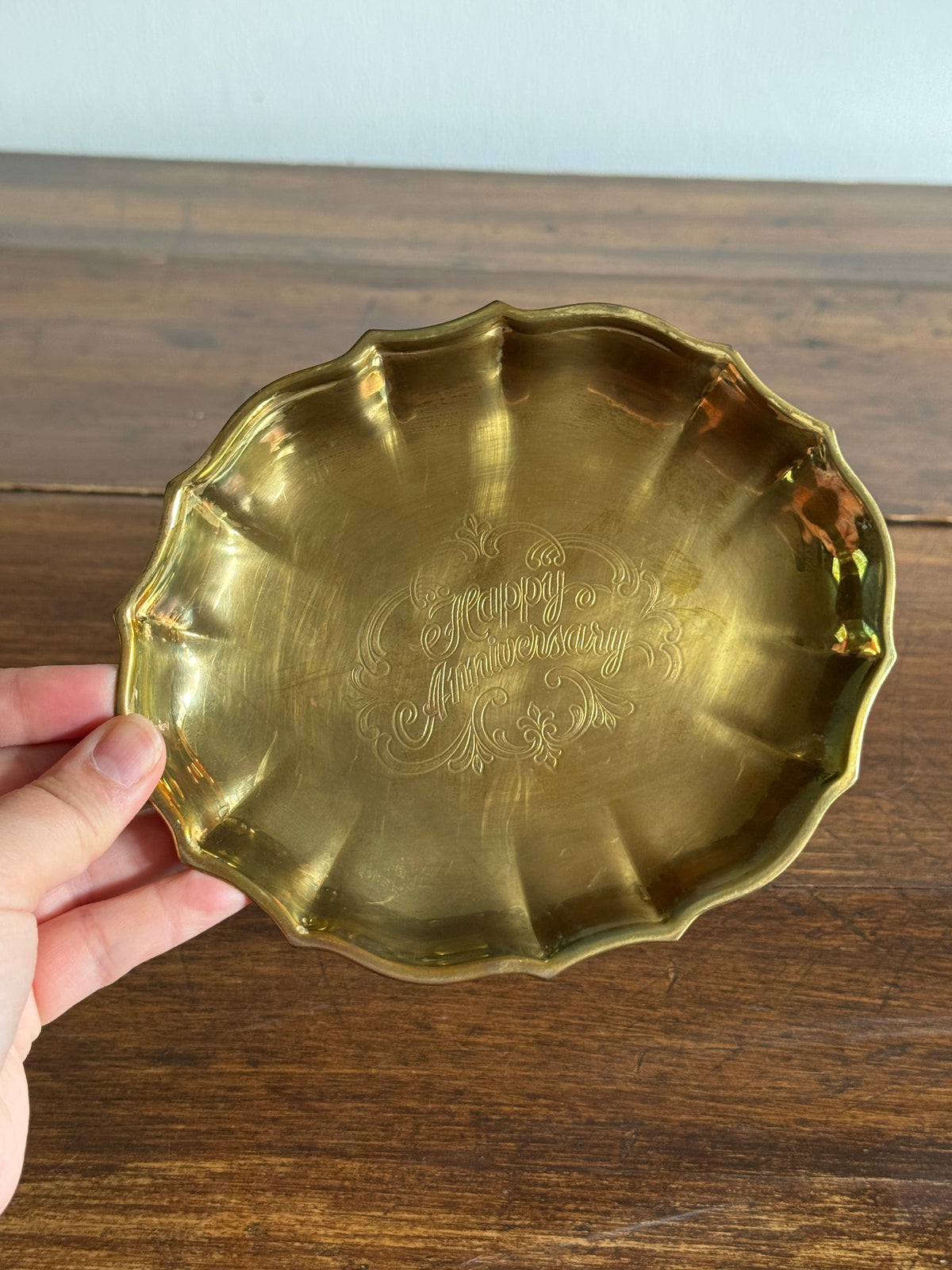 Vintage Brass Anniversary Tray - Happy Anniversary Engraved Dish