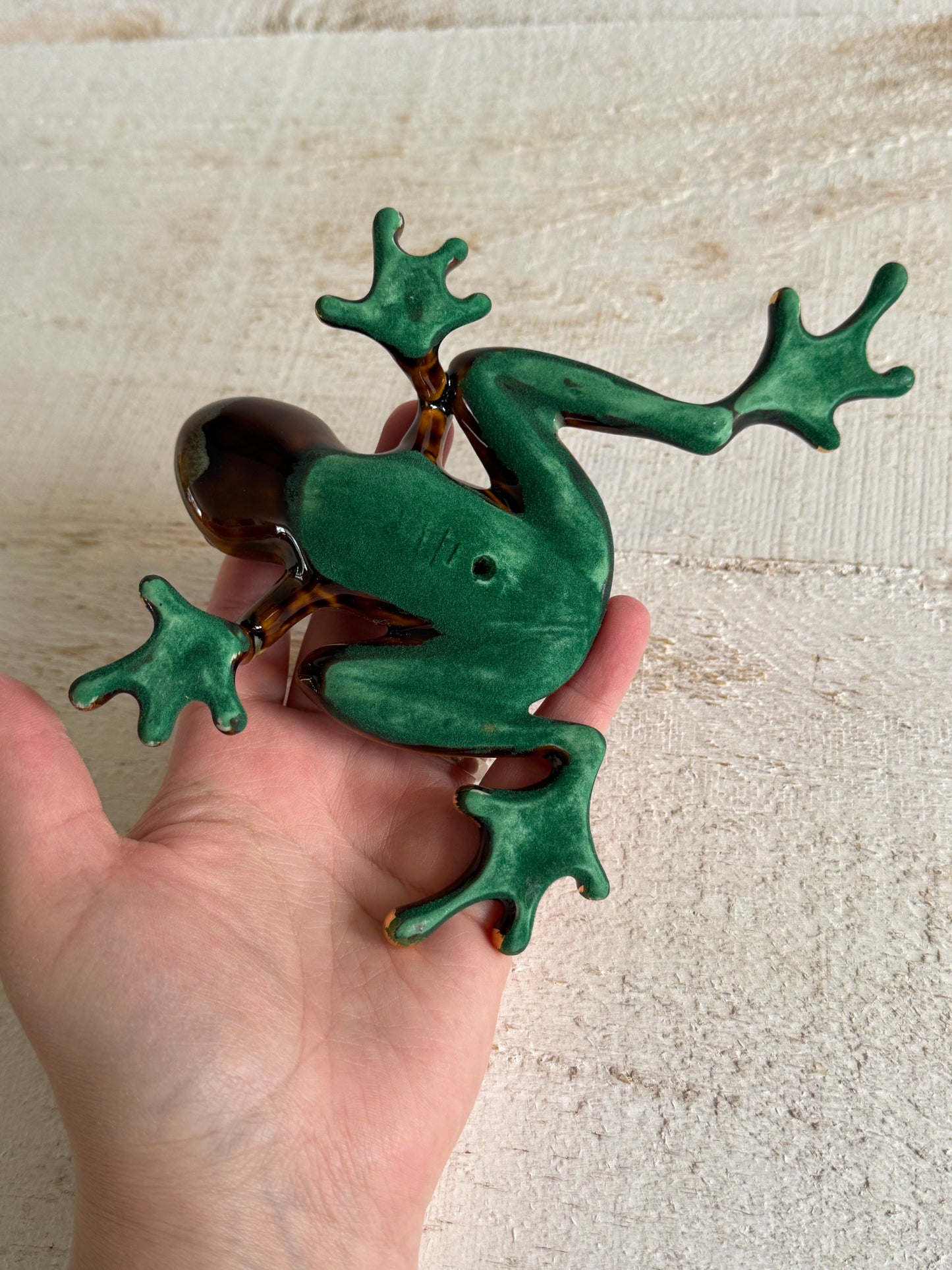 Vintage Pottery Frog with Large Feet - Gold and Green Glazed Frog Figurine