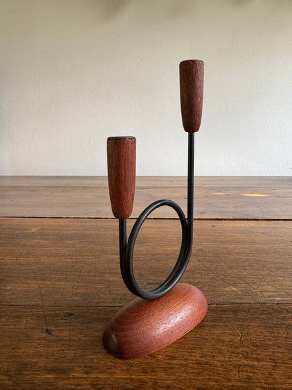 Vintage Teak Mid Century Candle Holder for Skinny Tapers