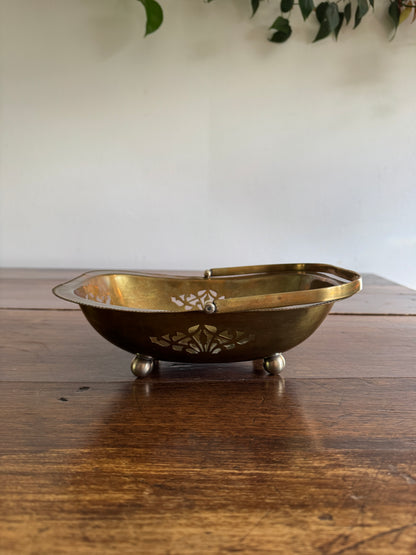 Vintage Cutout Brass Bowl with Handle and Small Ball Feet