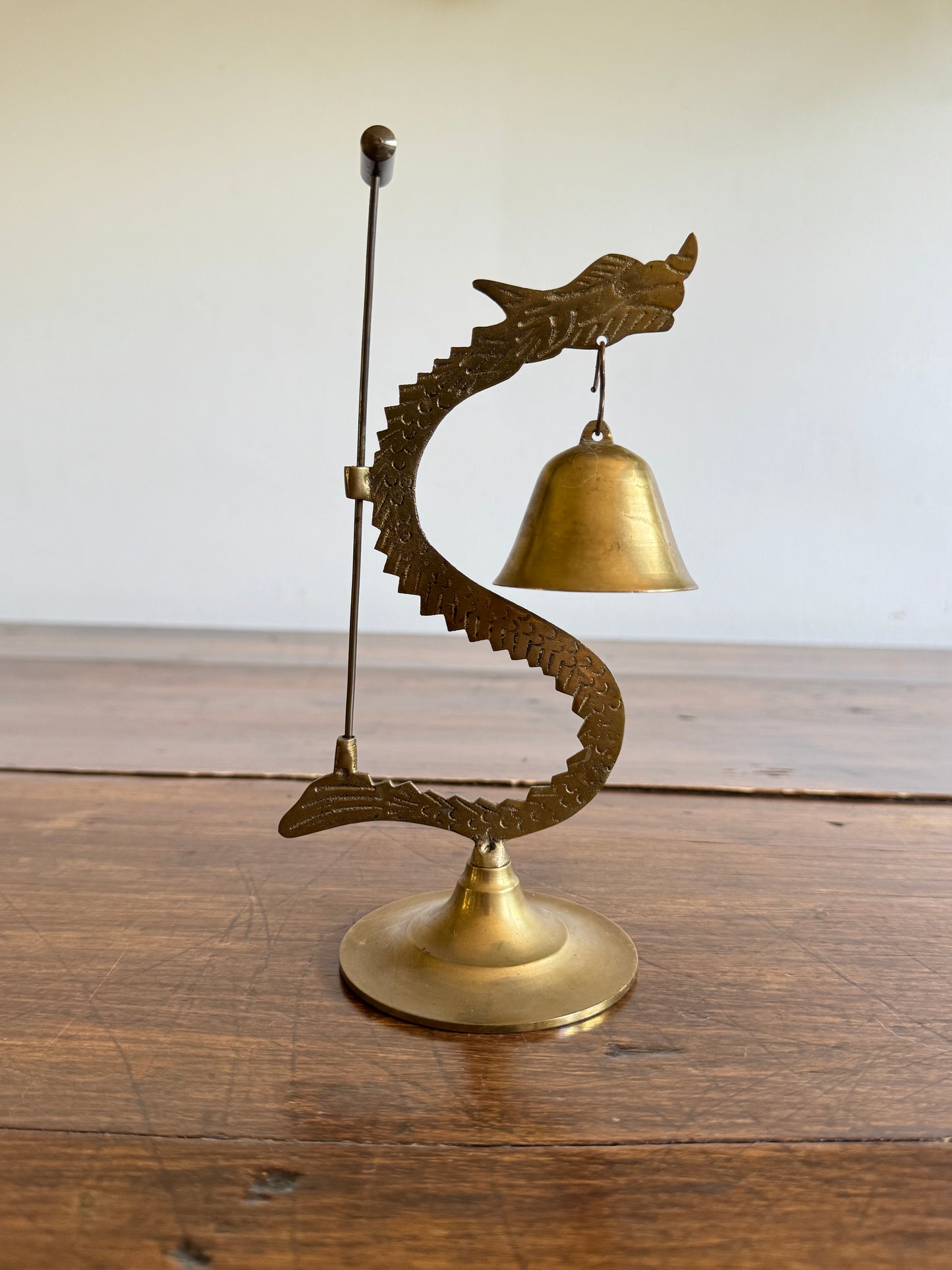 Vintage Brass Dragon Holding Bell with Small Hammer