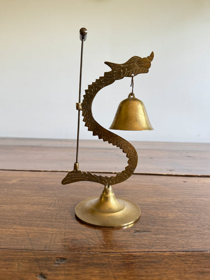 Vintage Brass Dragon Holding Bell with Small Hammer