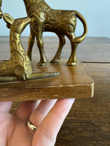 Vintage Small Brass Giraffes on Wooden Base