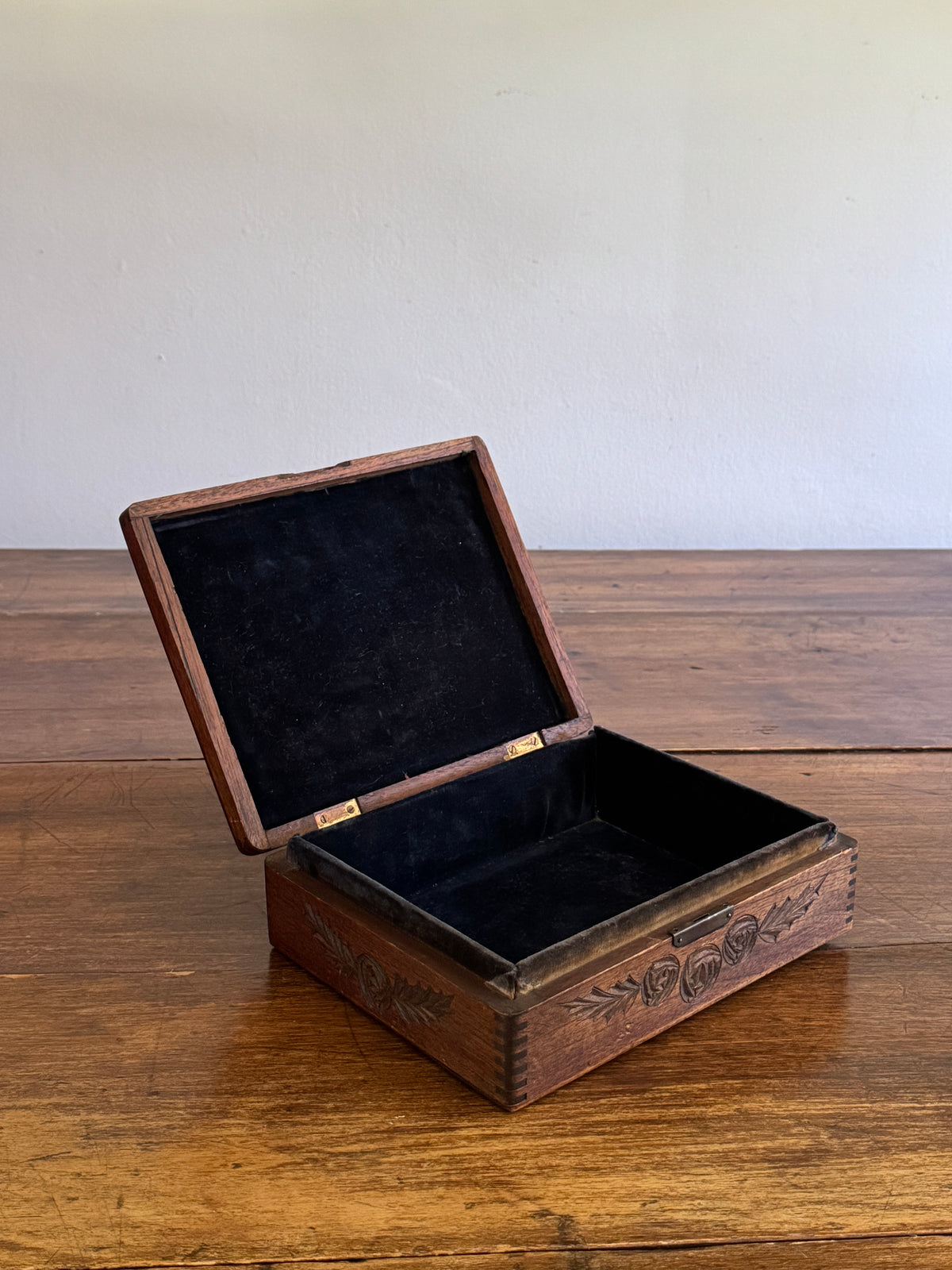 Antique Wood Carved Box with Floral Design and Deep Patina